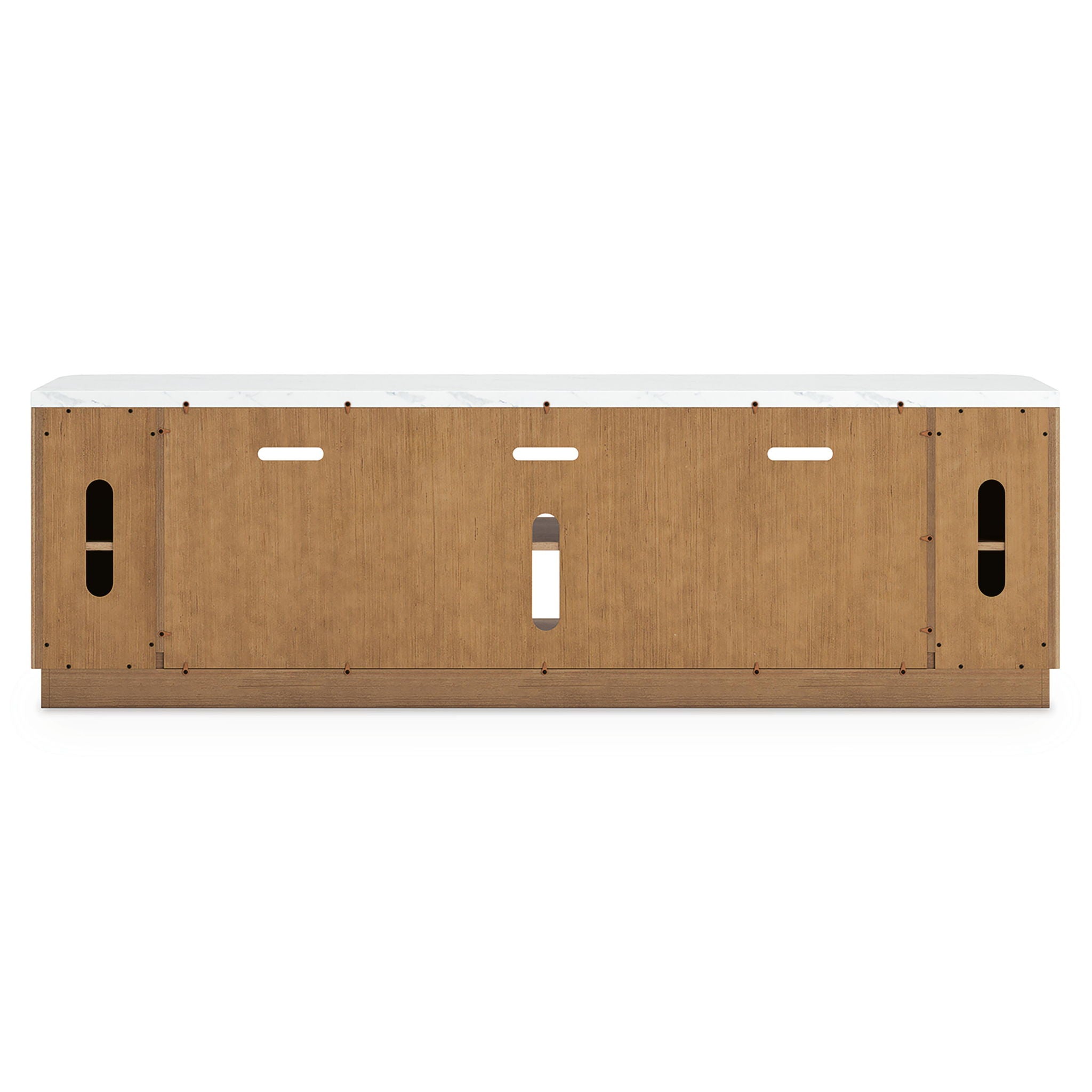 Light brown TV stand with rear access panel, vent openings, and cable cutouts