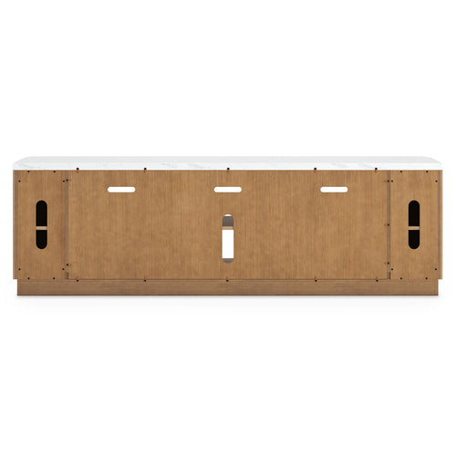 Light brown TV stand with rear access panel, vent openings, and cable cutouts