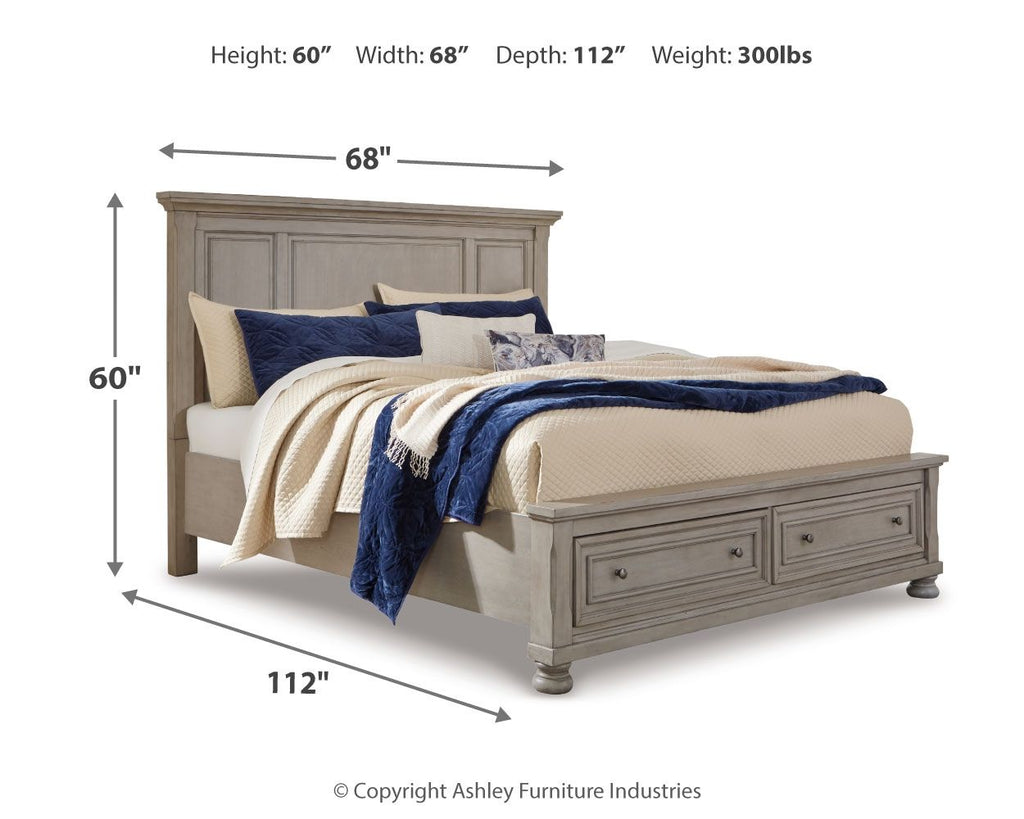 Gray panel storage bed shown with height and width measurement diagram