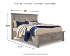 Gray panel storage bed shown with height and width measurement diagram