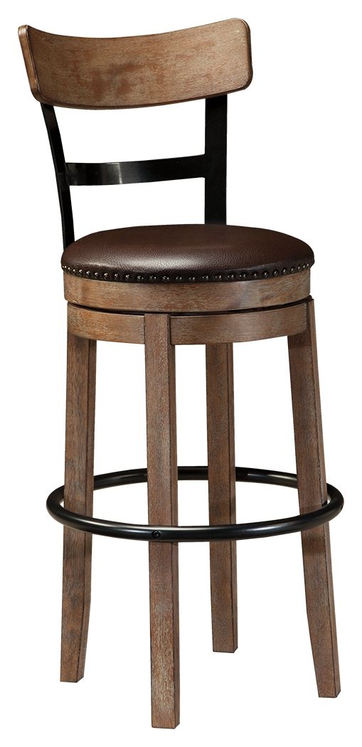 Swivel barstool with light brown wood frame and dark brown round upholstered seat