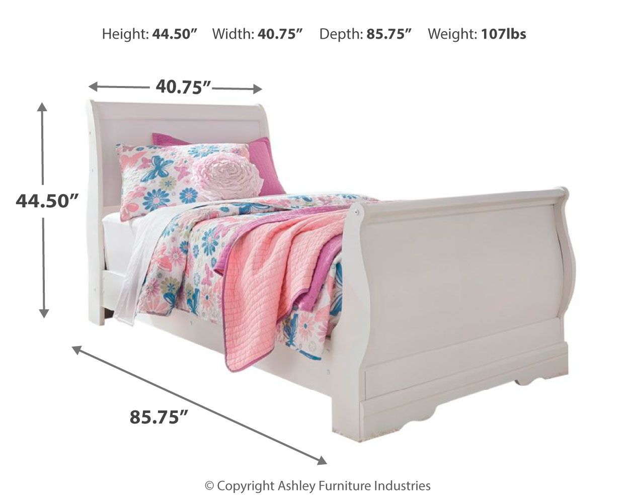 White sleigh bed with rounded footboard and headboard, shown with pink and floral bedding.