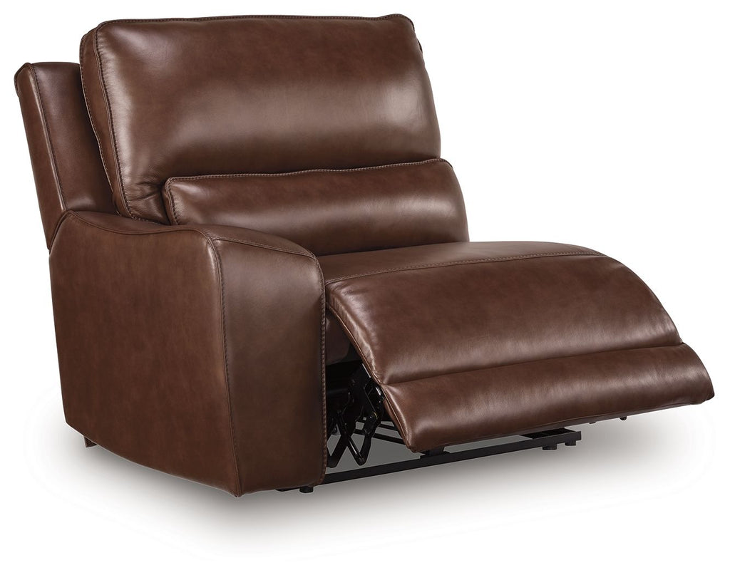 Silverbrooke zero-wall power recliner with footrest extended, dark brown leather
