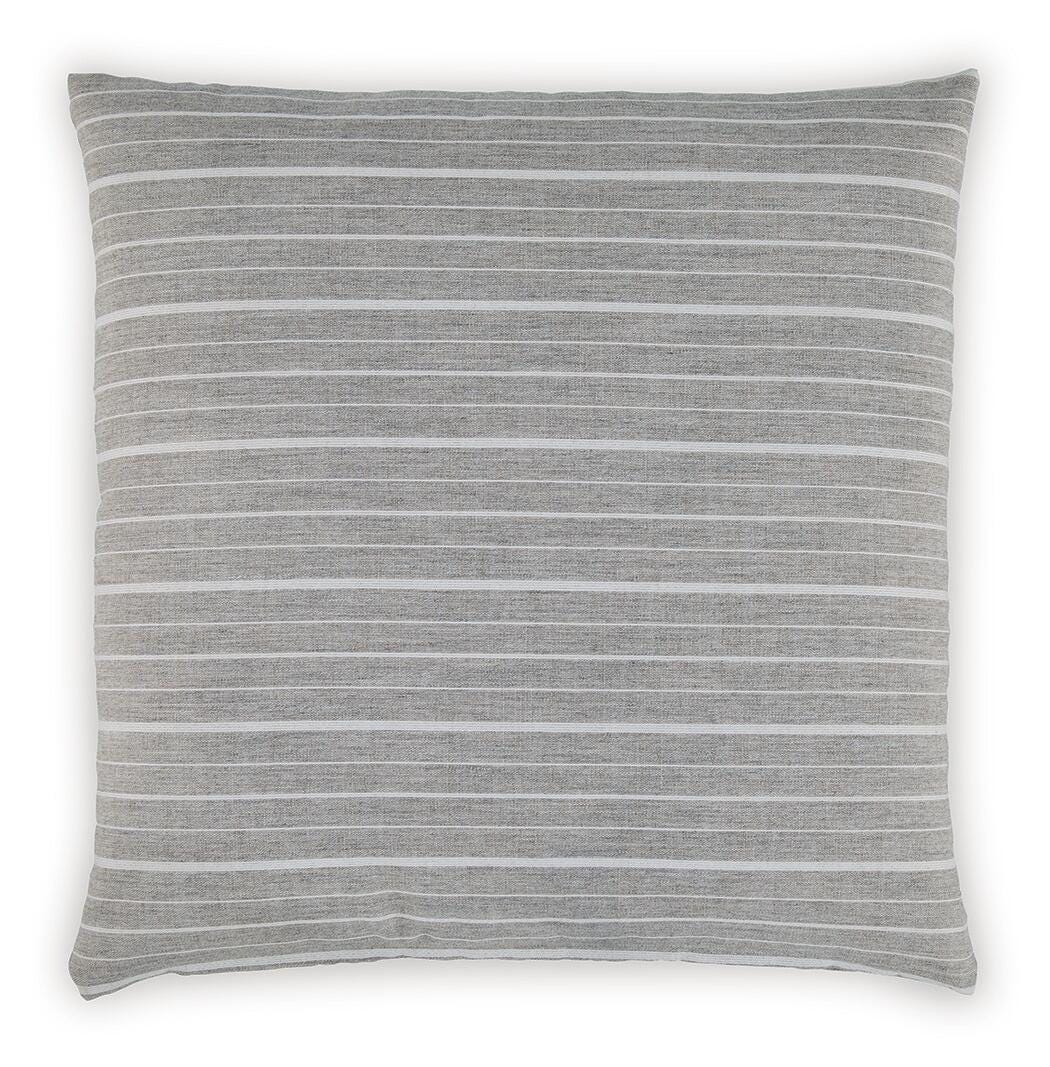 Gray striped throw pillow with thin horizontal lines and stitched edges