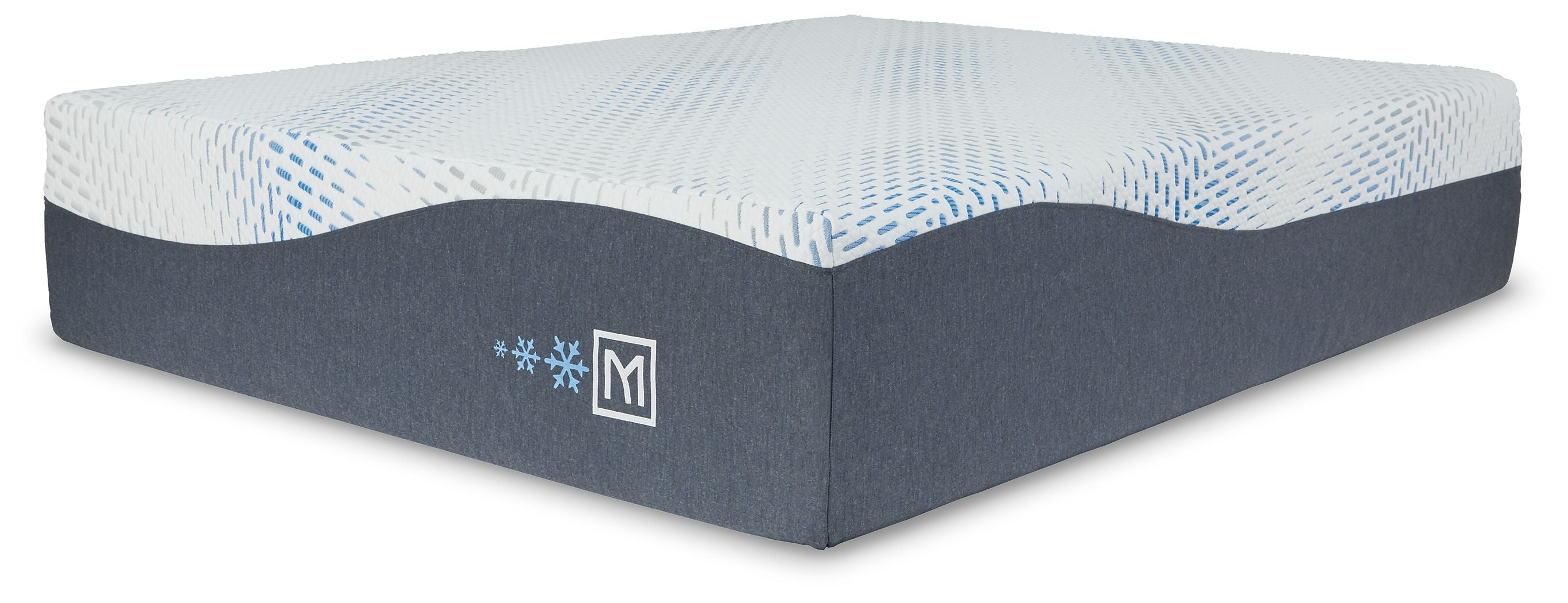 White plush mattress with dark gray sides and central logo, shown from angled top view.