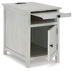 Chair-side end table, light gray wood grain, drawer and cabinet door, open shelf