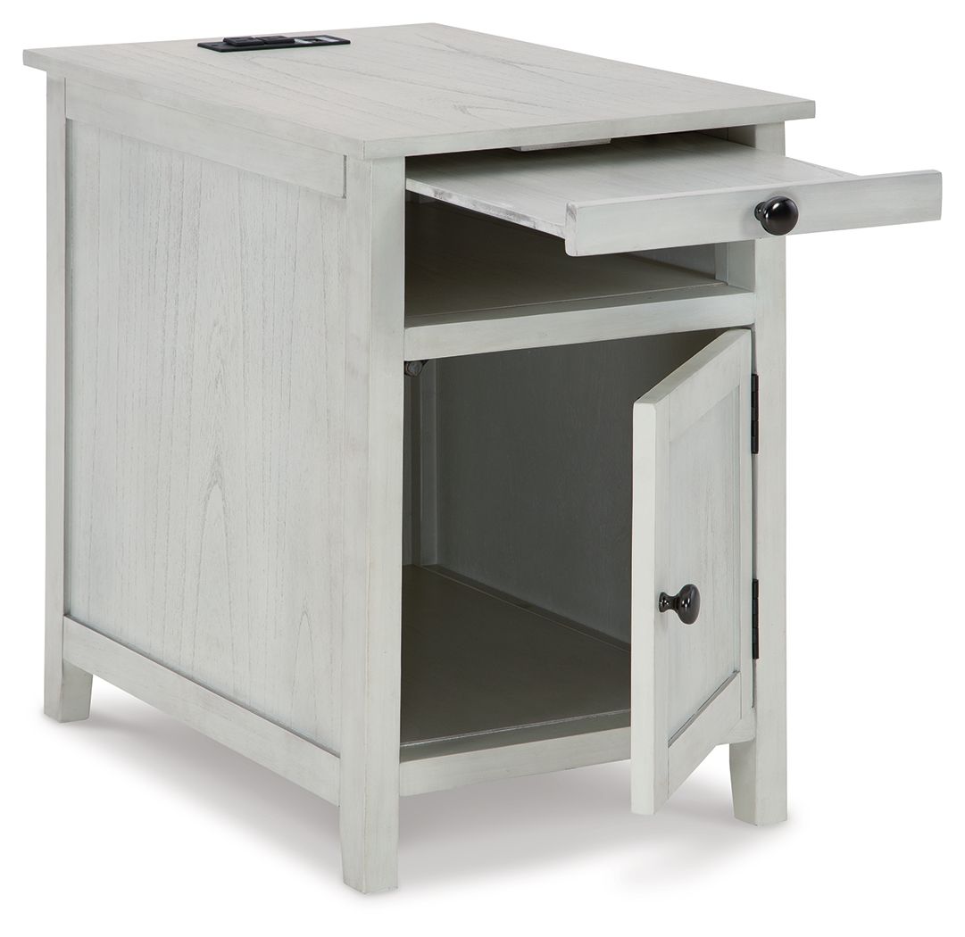 Chair-side end table, light gray wood grain, drawer and cabinet door, open shelf