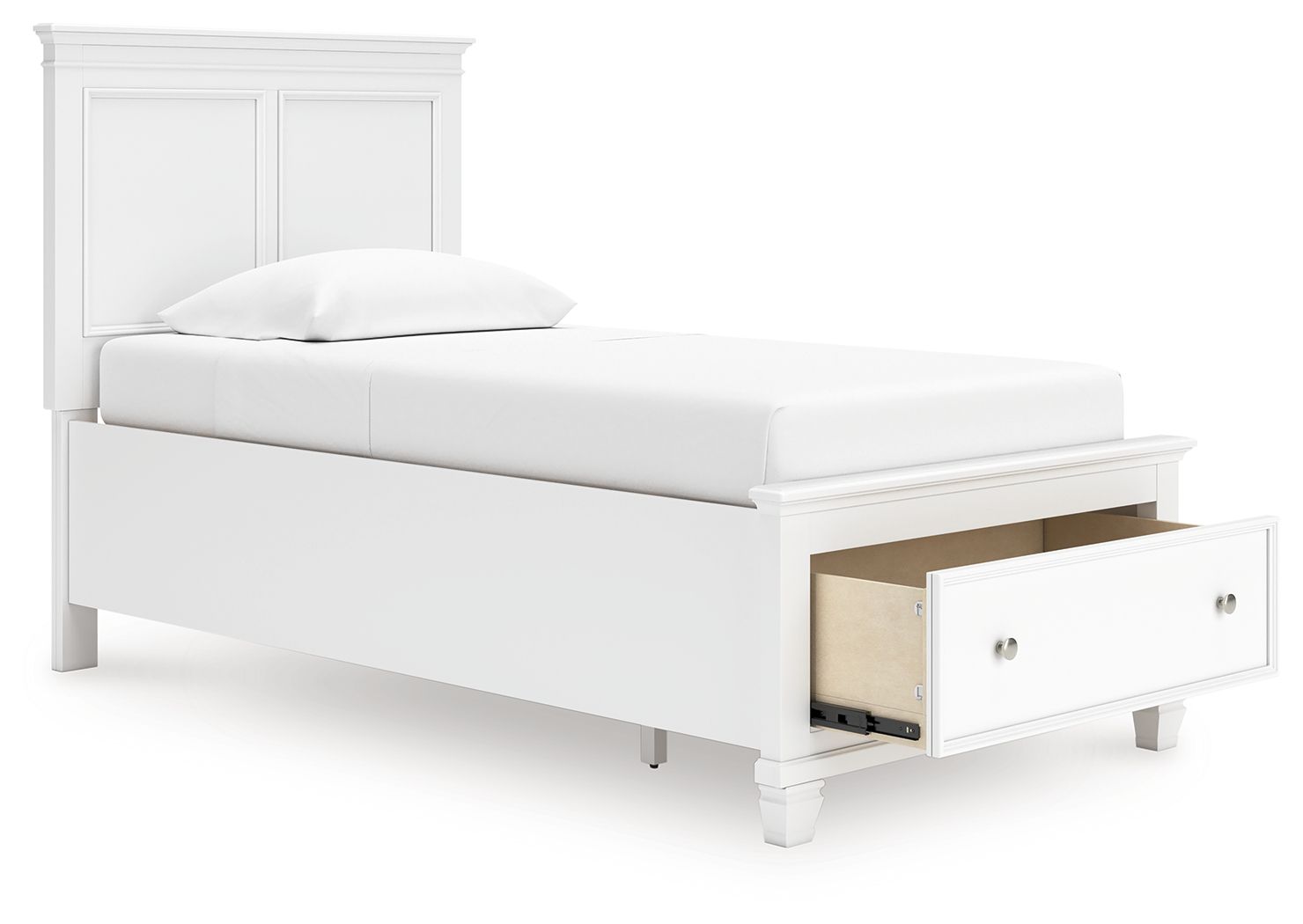 White panel bed with one pull-out drawer storage open on the side