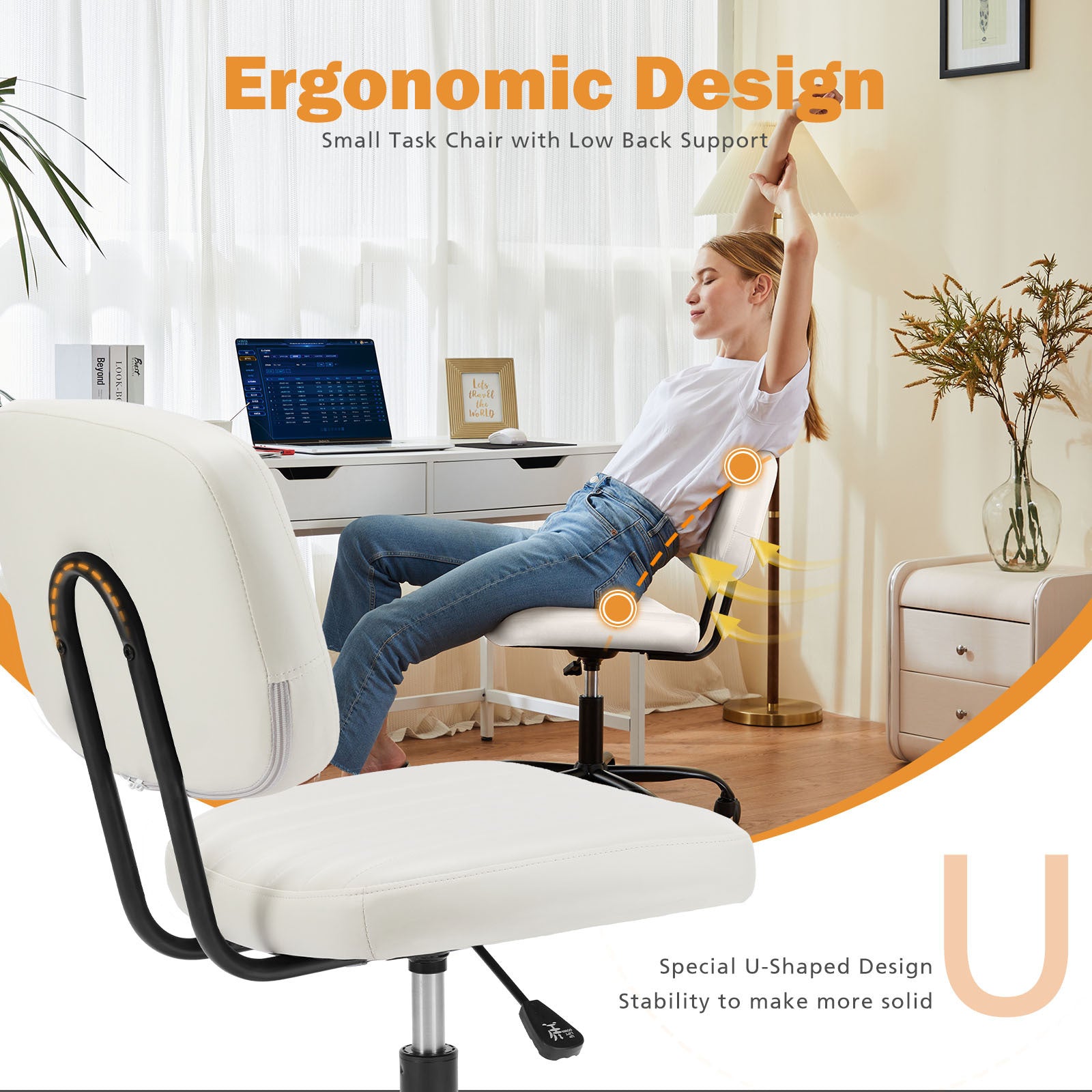 Low Back Task Chair, PU Leather- White