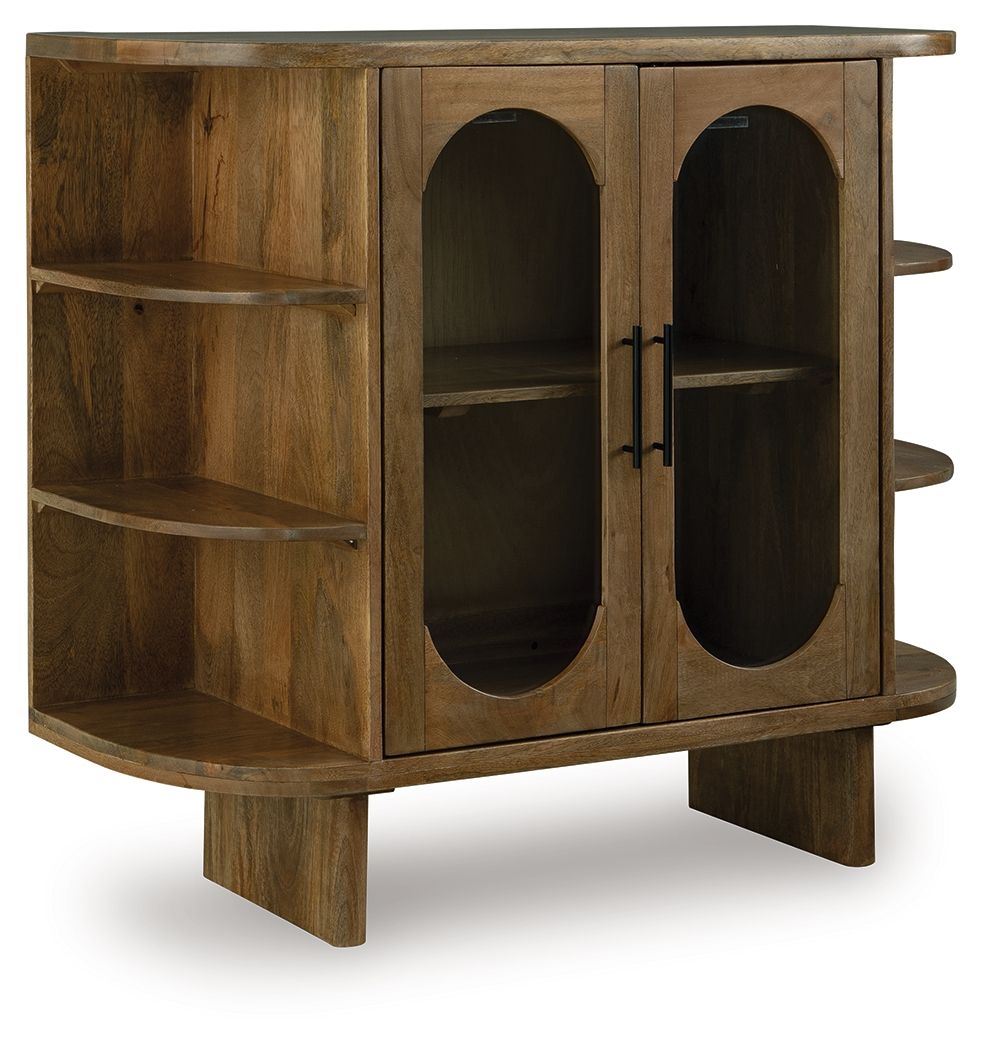 Light brown wood accent cabinet with two oval doors and open shelves