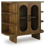 Light brown wood accent cabinet with two oval doors and open shelves