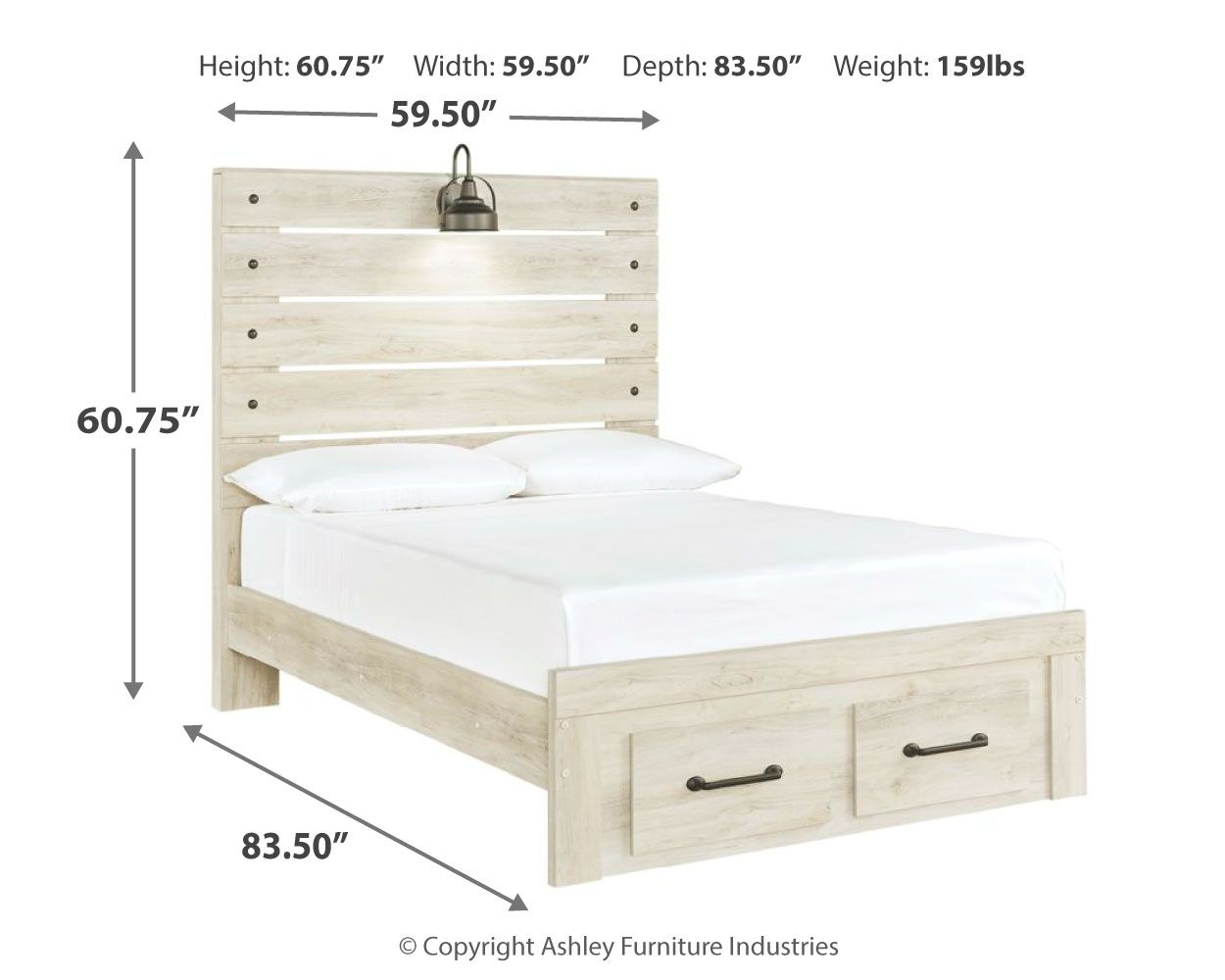 Light beige panel bed with slatted headboard and two front drawers, with measurements