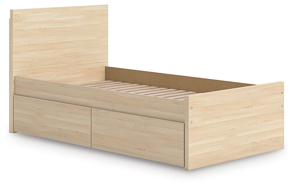 Light brown panel platform bed with slatted base and built-in side storage drawers