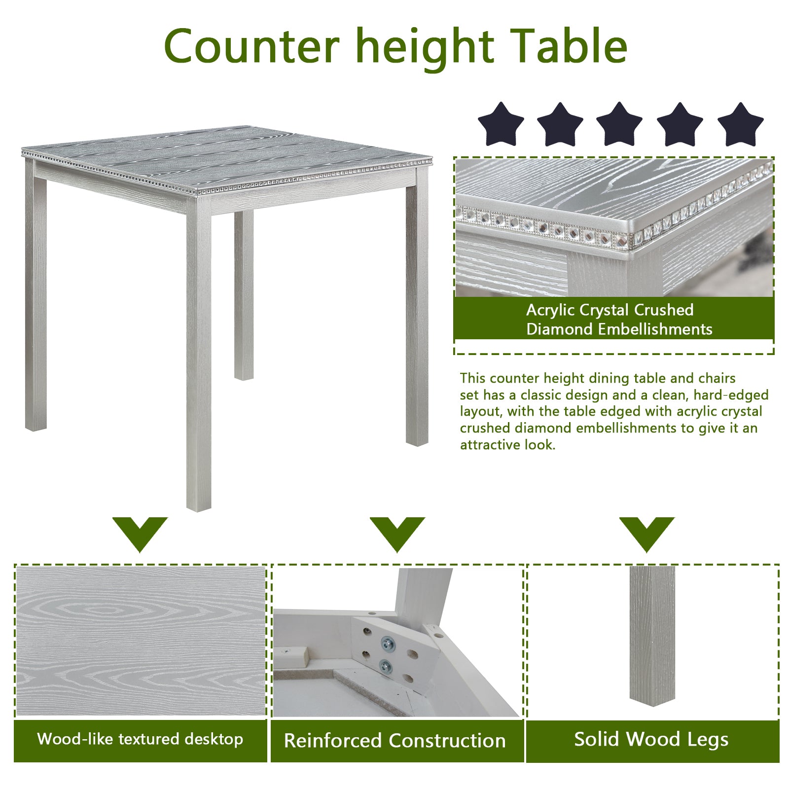 5-Piece Counter Height Dining Set w/Crystal Decor
