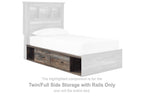 Twin/Full bed with side storage rails and drawers, brown and beige frame
