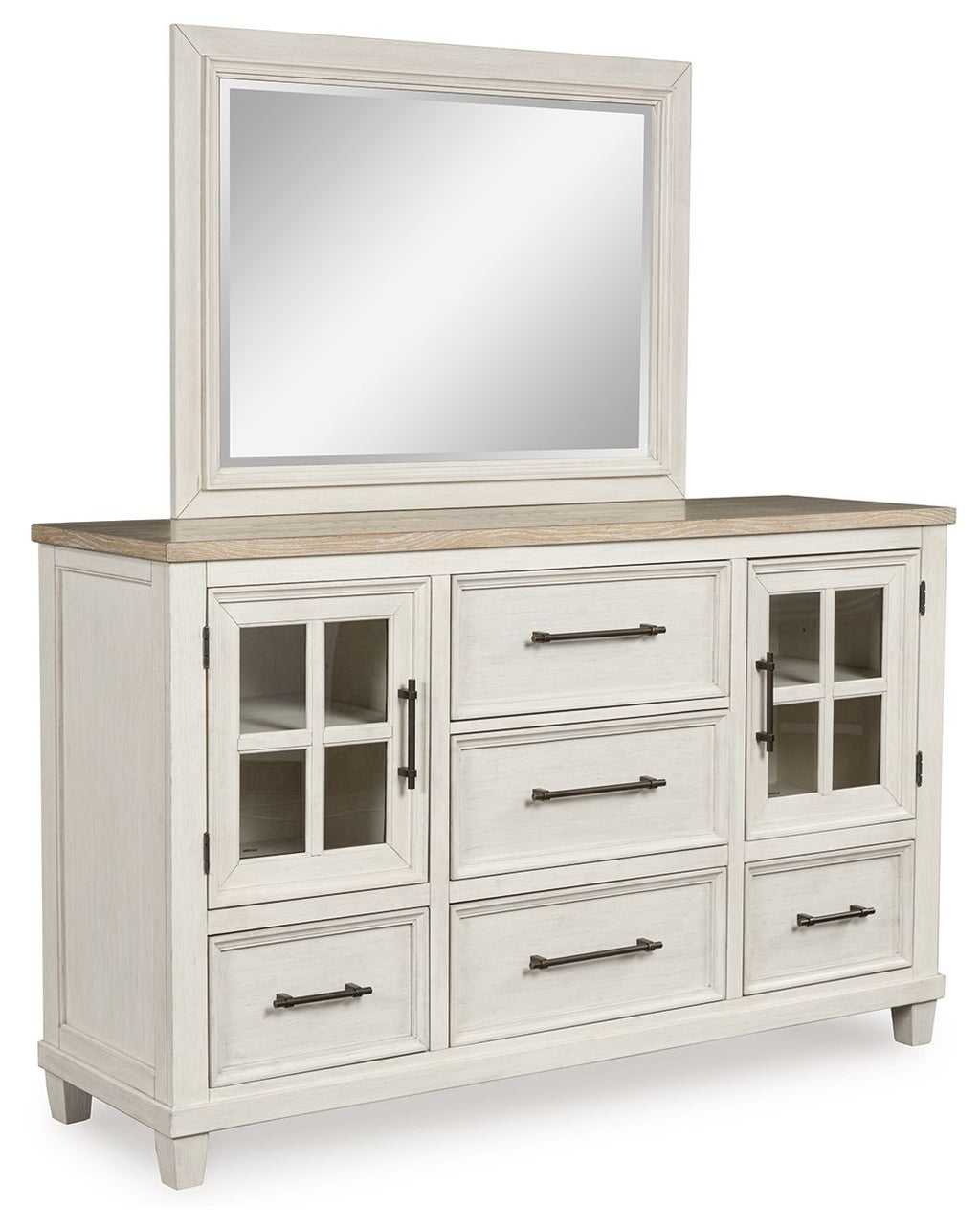 Antique white dresser with framed mirror and cabinet doors with metal pulls