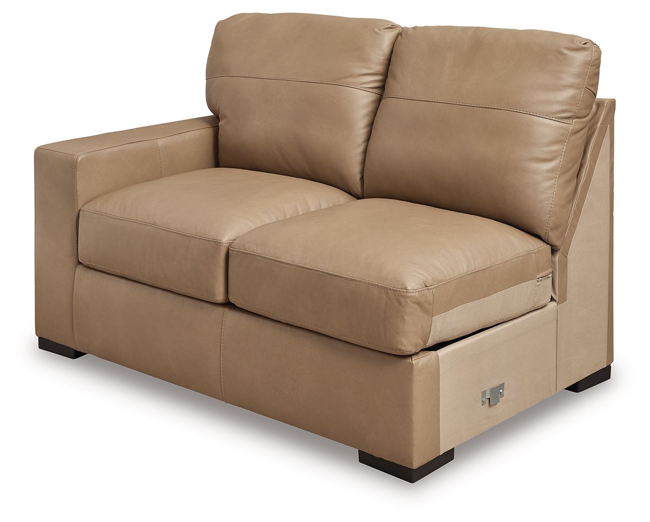 Toffee loveseat with deep seat, padded arms, and stitched edges on dark legs