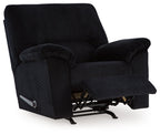 Onyx black striped rocker recliner chair with extended footrest and pull handle