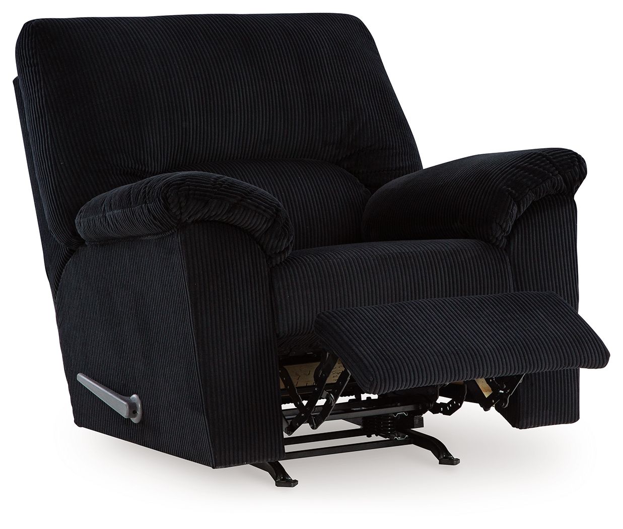 Onyx black striped rocker recliner chair with extended footrest and pull handle