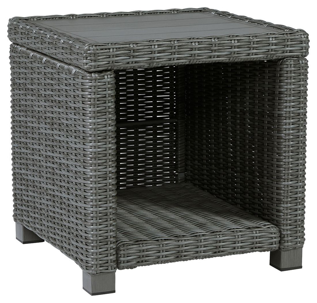 Gray wicker square end table with woven slatted top and lower shelf