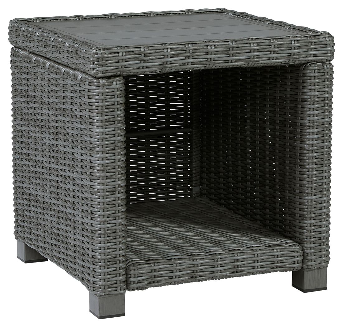 Gray wicker square end table with woven slatted top and lower shelf