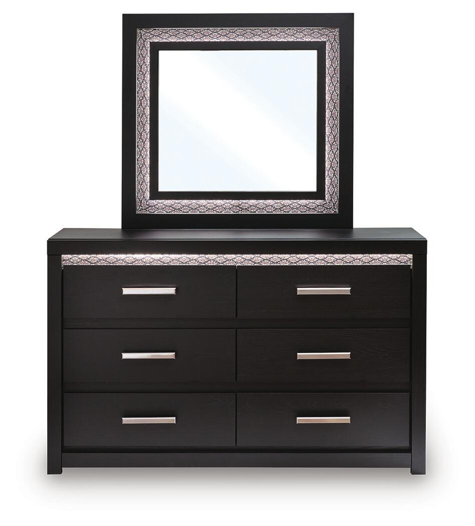 Black six-drawer dresser with square mirror and six silver bar drawer handles