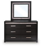 Black six-drawer dresser with square mirror and six silver bar drawer handles