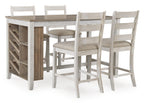 White counter table with built-in side cabinet storage and bar-height chairs