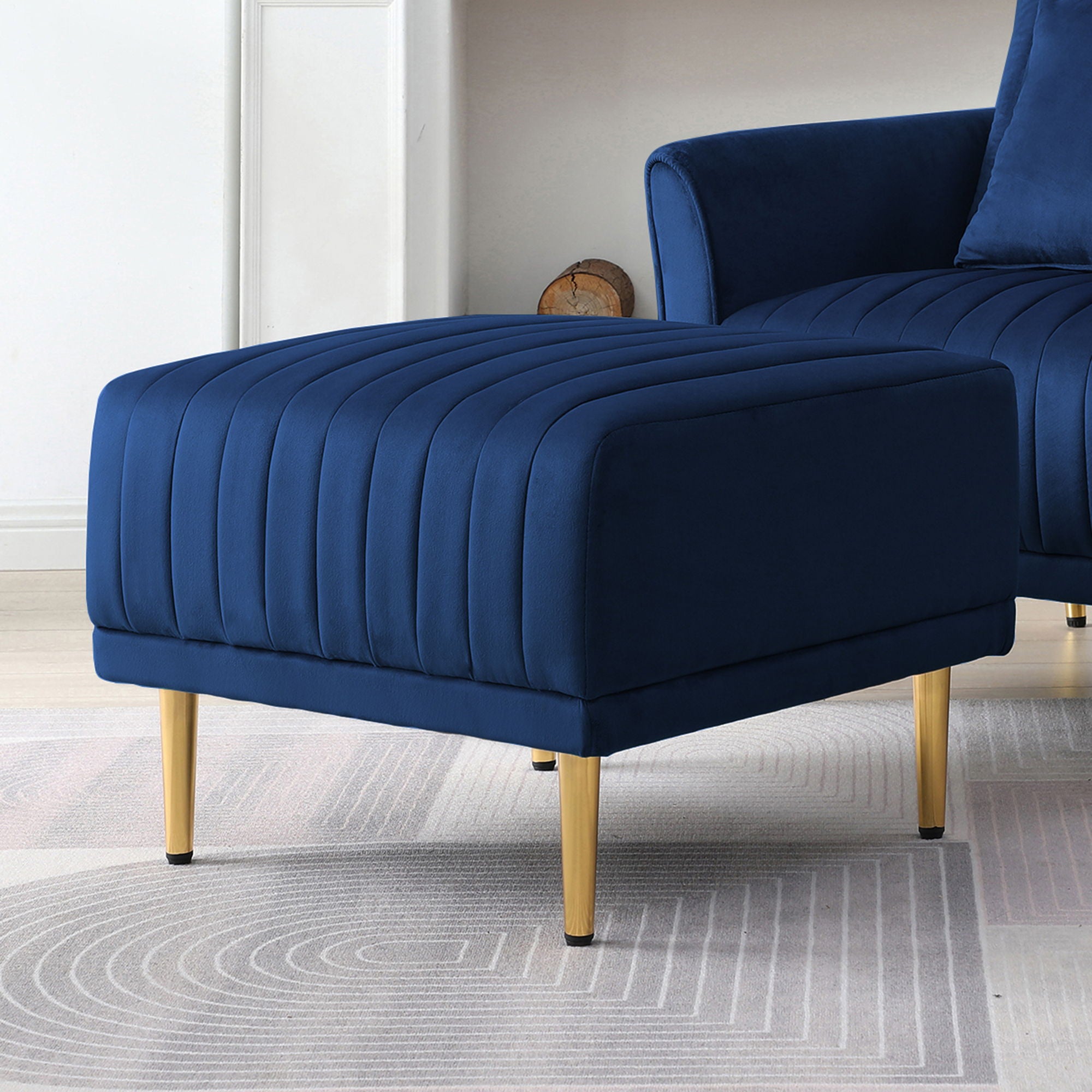 Channel Tufted Ottoman Benc Height Upholstered Velvet Footrest Stool Accent Benc Height For Entryway Living Room Bedroom - Navy Blue