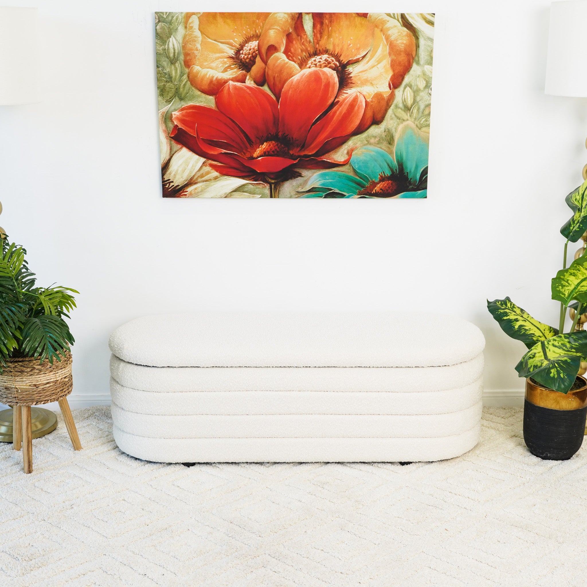 Cabana White Boucle Storage Bench for Entryway & Bedroom