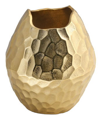 Gold hammered vase with faceted texture and dark inner opening, short rounded shape