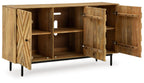 Natural wood accent cabinet with open doors showing interior shelves and chevron panels