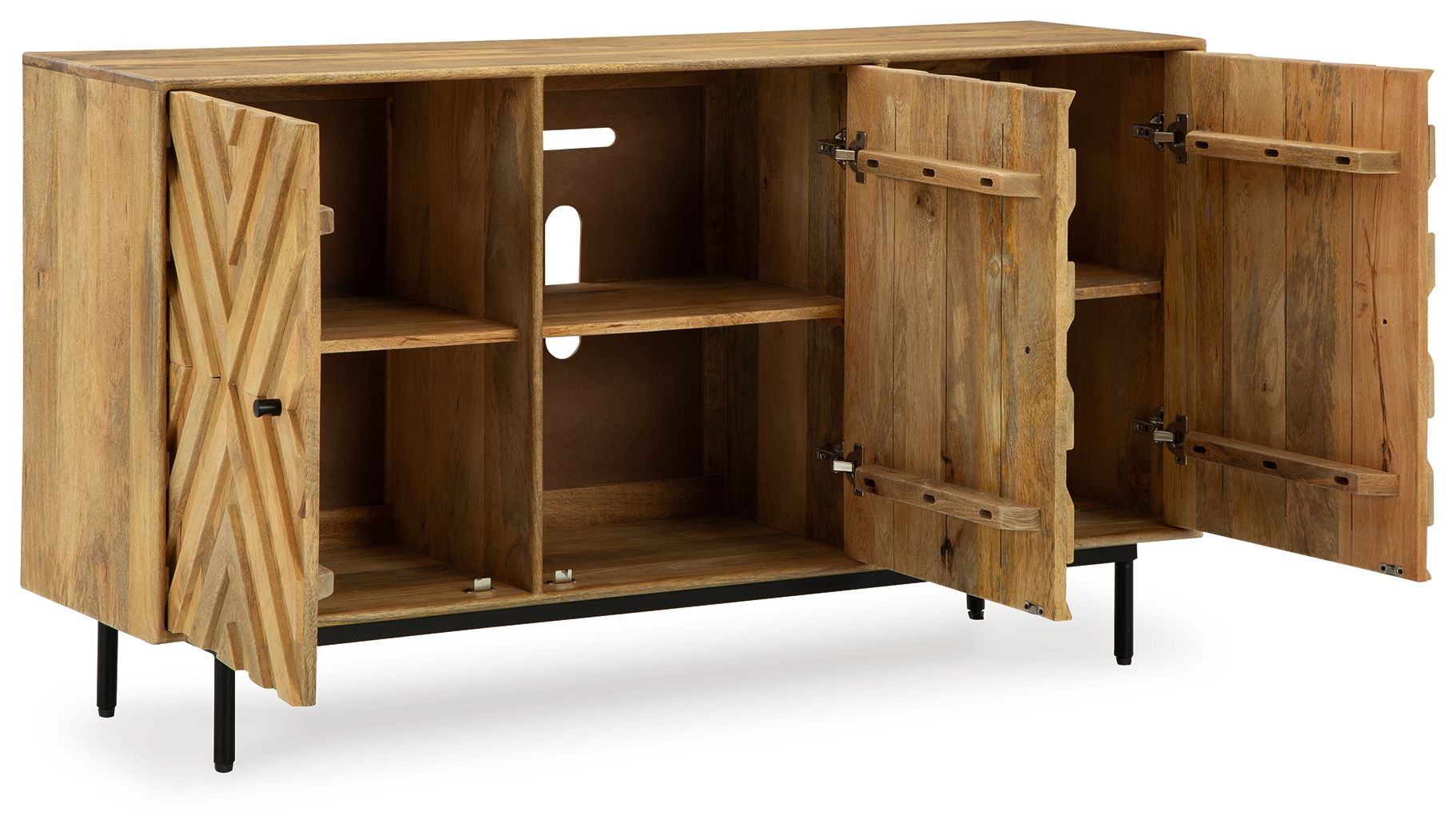 Natural wood accent cabinet with open doors showing interior shelves and chevron panels