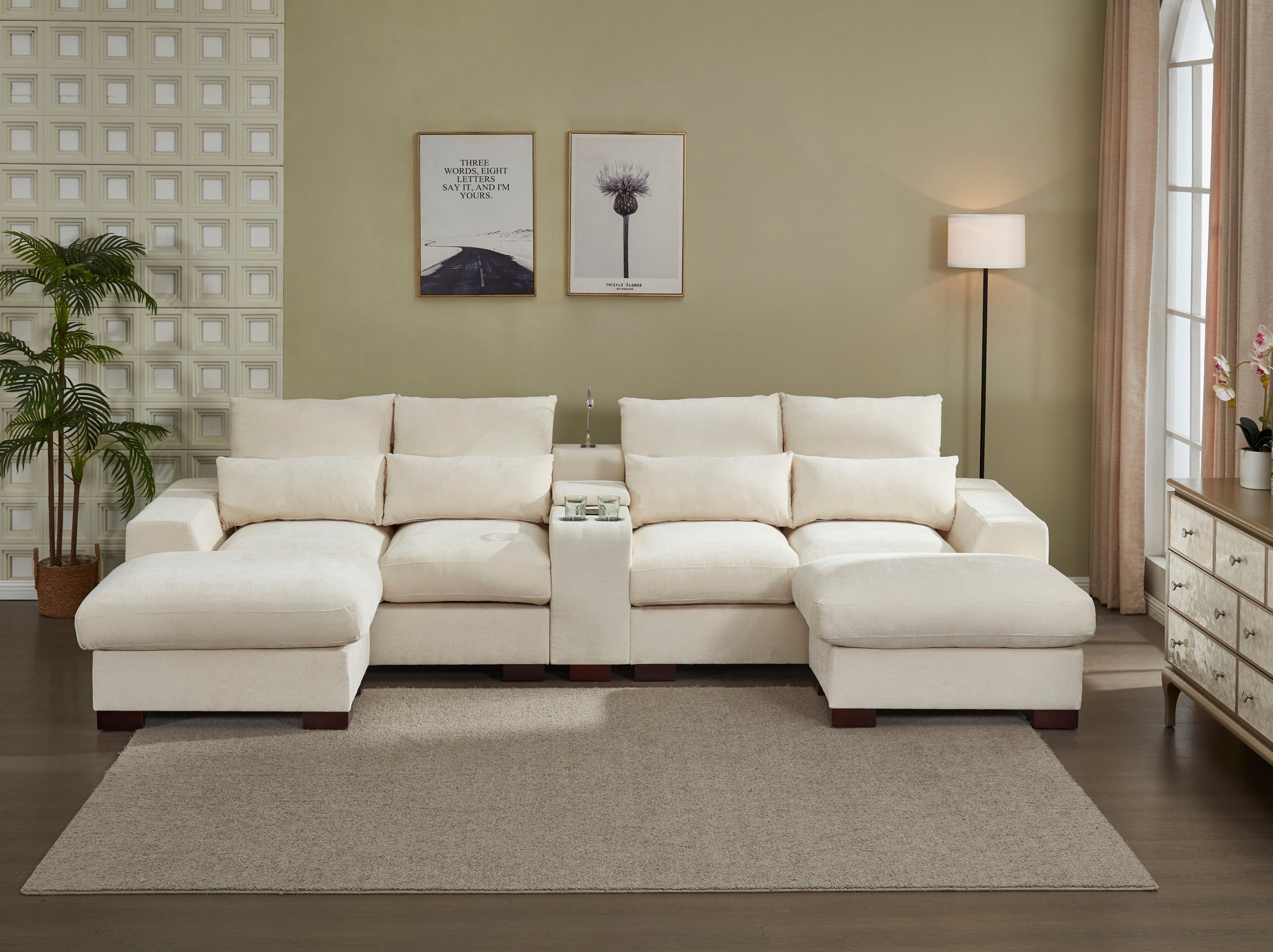Beige Modern Sectional Sofa: Console, USB, Light, Cupholder