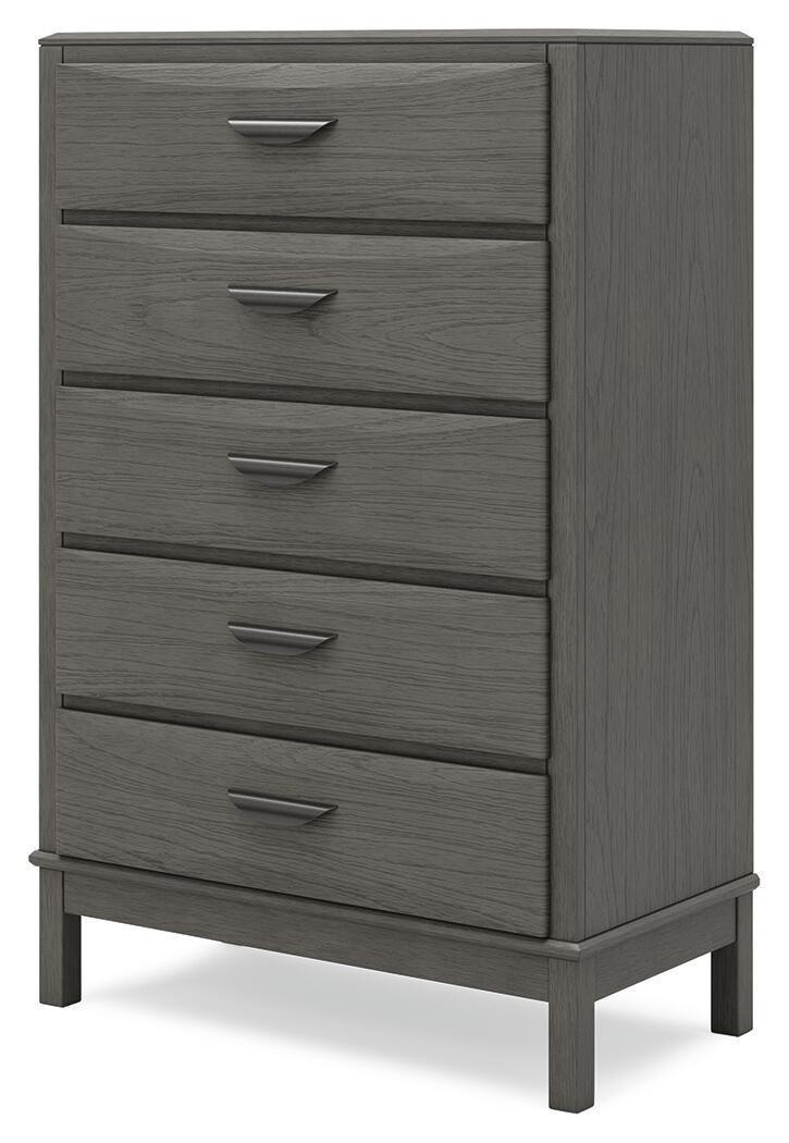Gray five-drawer chest with side panel and bar drawer pulls