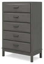Gray five-drawer chest with side panel and bar drawer pulls