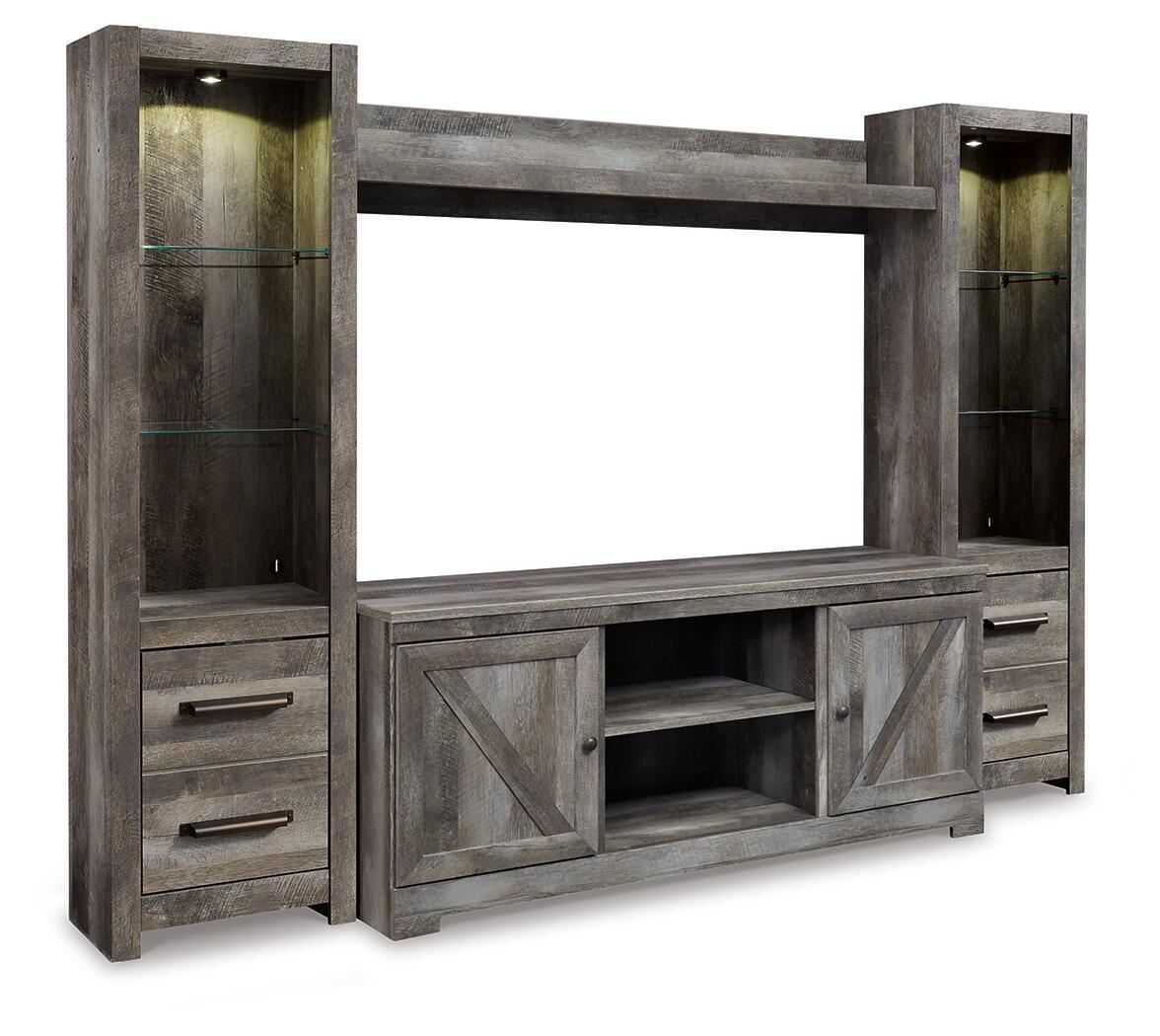 Gray entertainment center with TV opening, cabinet doors, and faux fireplace insert