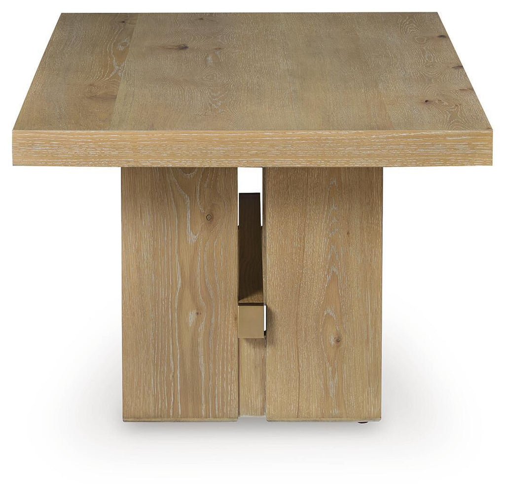 Light brown wood end table with open shelf and two broad side panels