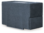 Upholstered fabric console with storage, dark blue ink, side view with cushion