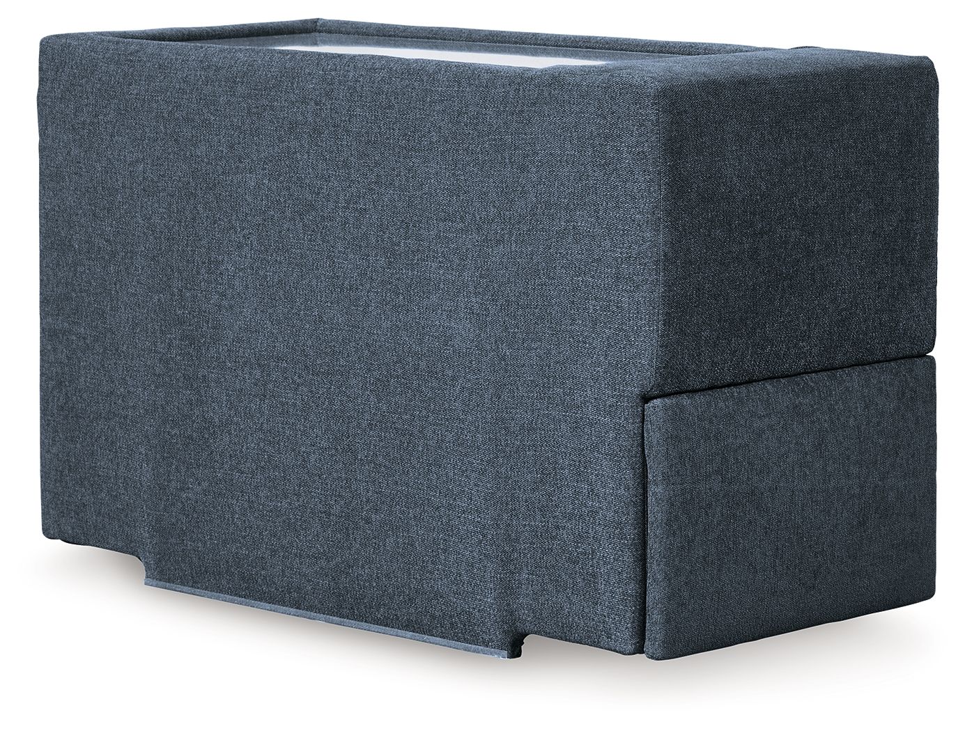 Upholstered fabric console with storage, dark blue ink, side view with cushion