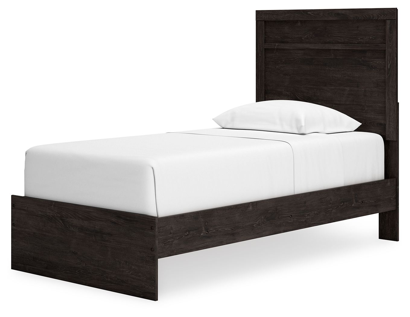 Panel bed with dark wood headboard and footboard, white mattress with pillow