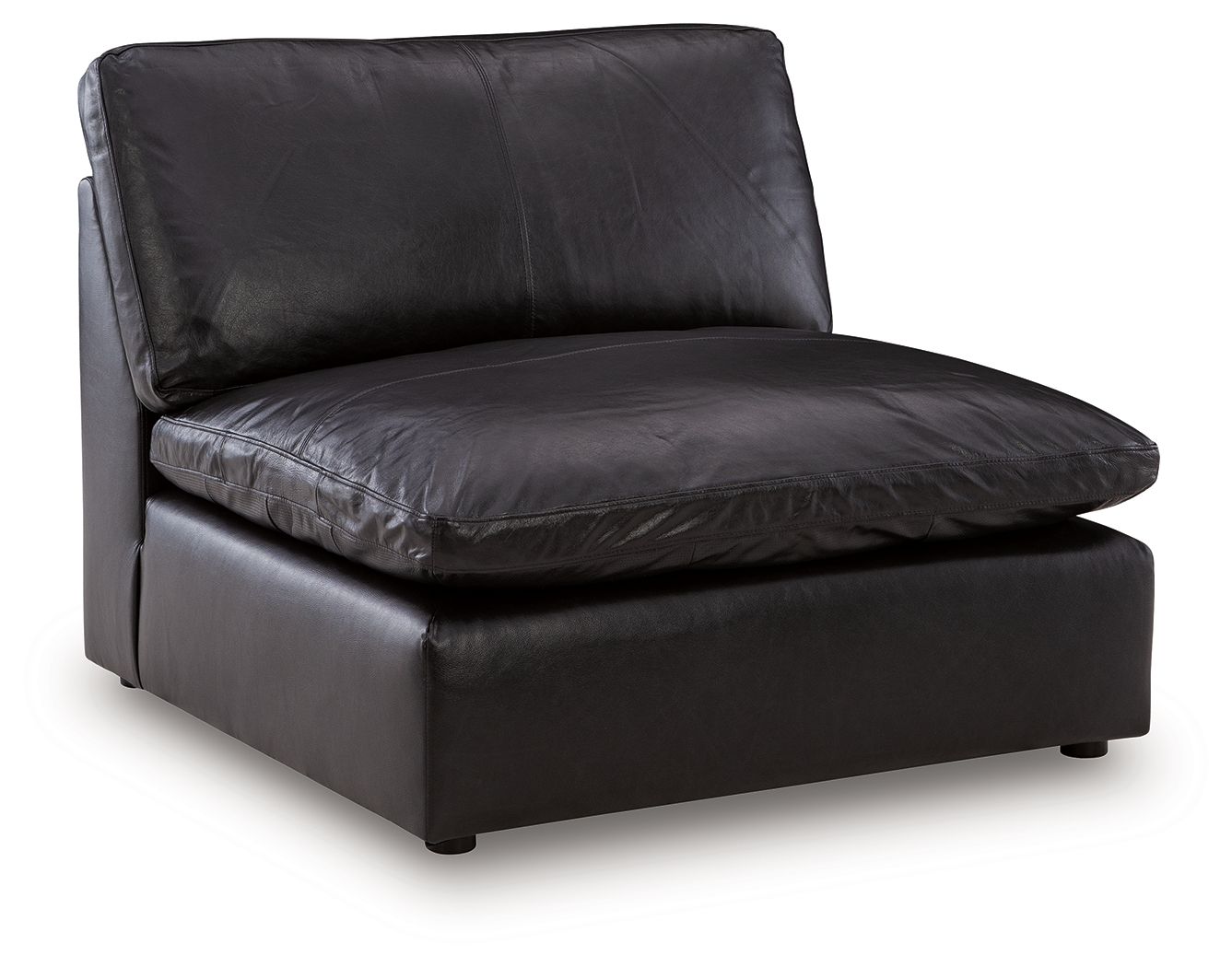 Black armless chair with padded seat and back, square side panels, and low legs