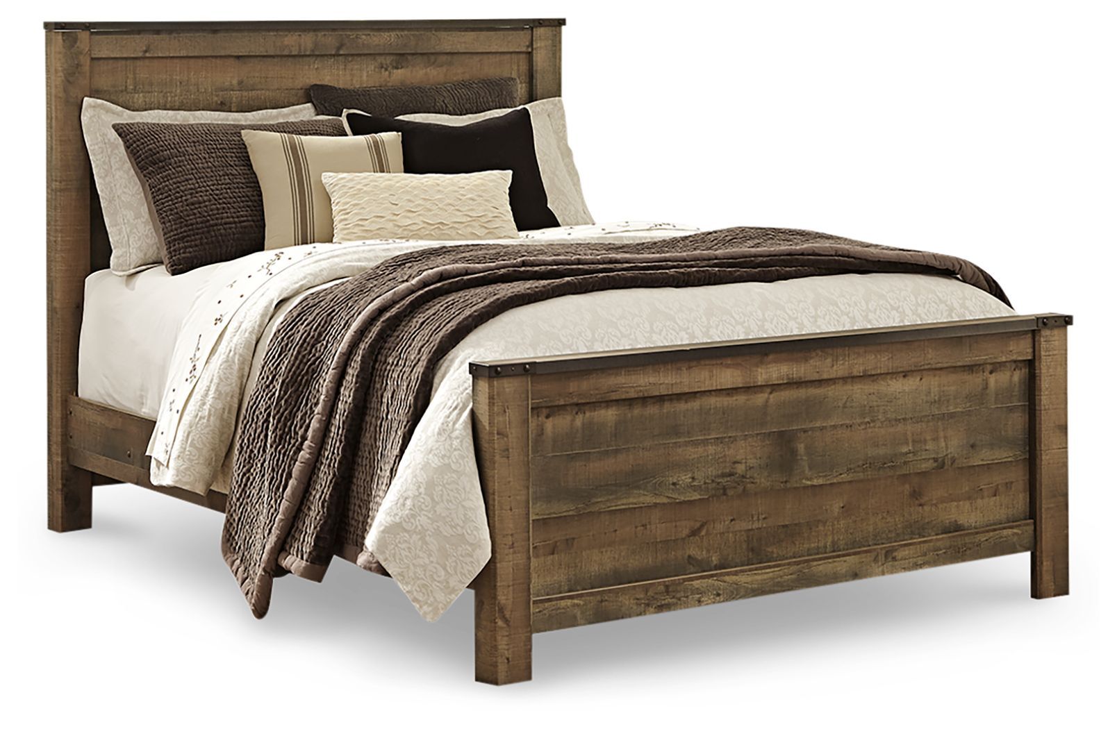 Panel bed with headboard and neutral bedding with dark brown and beige striped throw