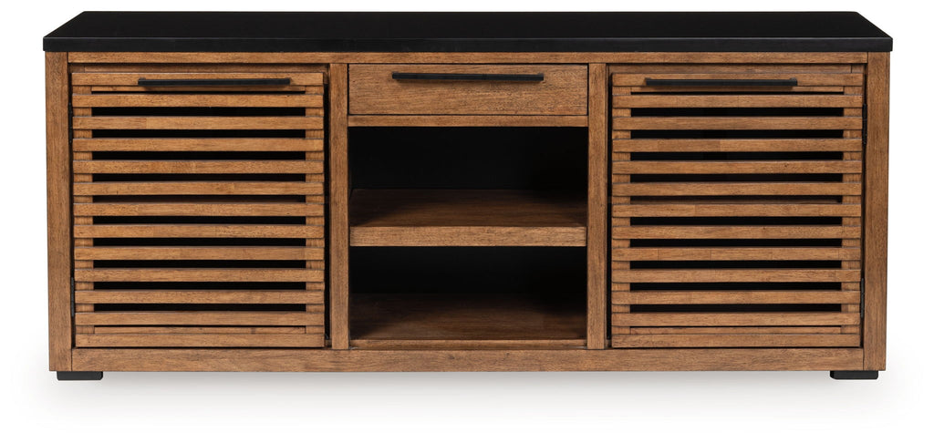 Dark brown credenza with black top, center open shelves, and slatted side doors