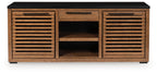 Dark brown credenza with black top, center open shelves, and slatted side doors