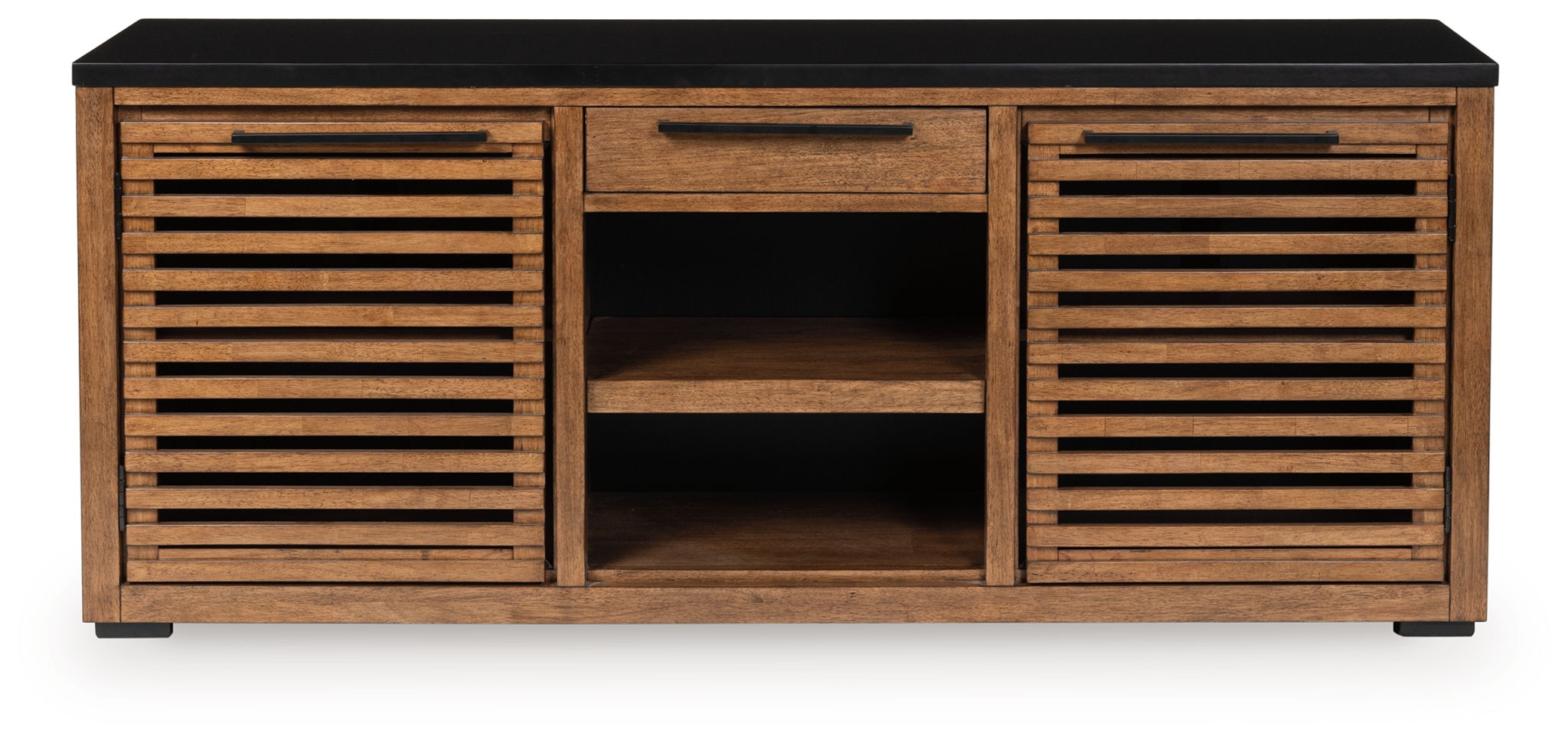 Dark brown credenza with black top, center open shelves, and slatted side doors