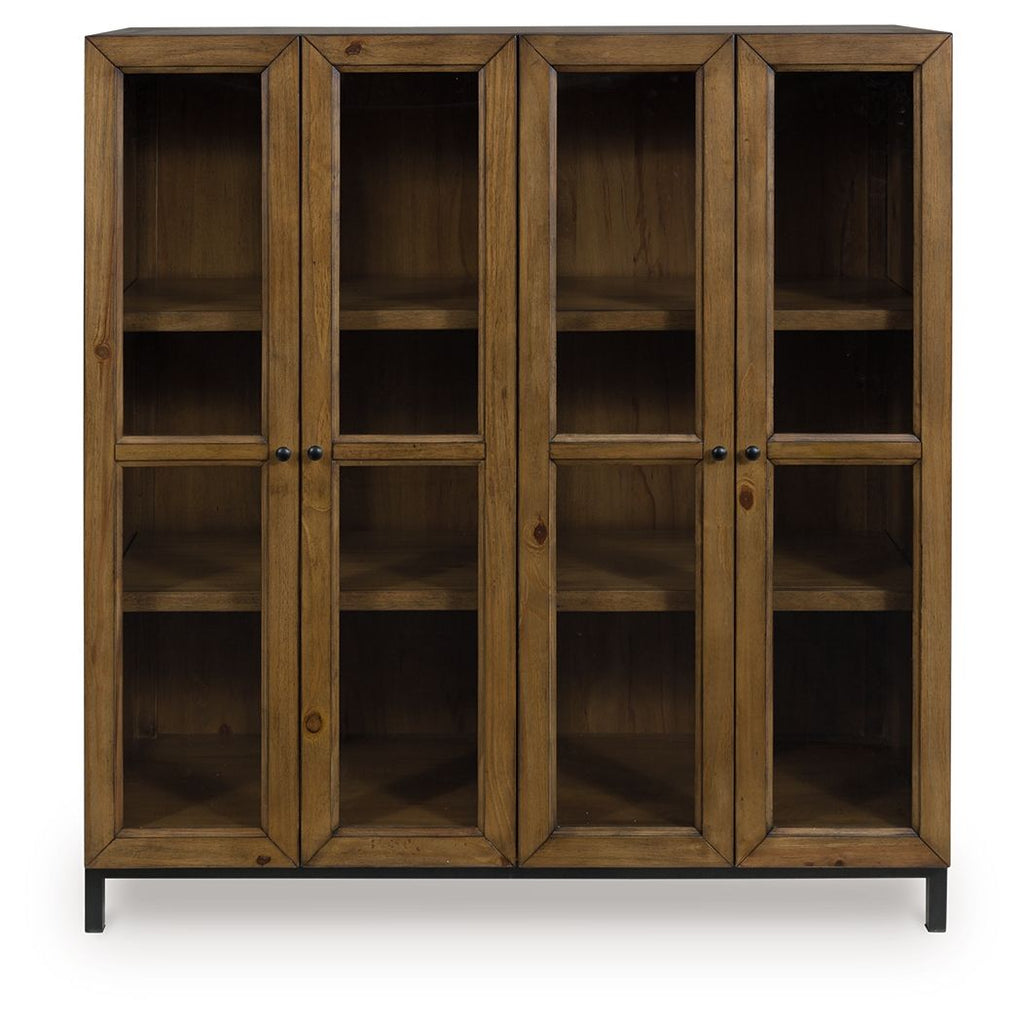 Gray-brown accent cabinet with four framed doors and built-in shelves