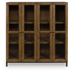 Gray-brown accent cabinet with four framed doors and built-in shelves