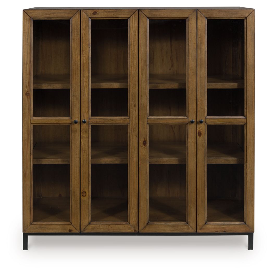 Gray-brown accent cabinet with four framed doors and built-in shelves