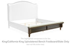 Upholstered bench footboard with brown slats and light fabric, for king/California king